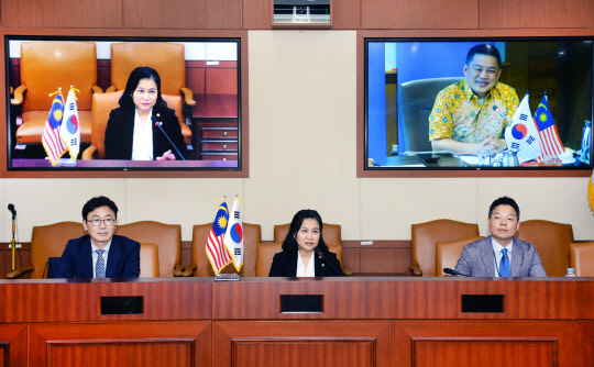 유명희 산업통상자원부 통상교섭본부장(가운데)이 27일 정부과천청사에서 다렐 레이킹 말레이시아 통상산업부 장관과 영상회의를 열고 '한-말레이시아 자유무역협정(FTA) 협상 개시'를 공식 선언하고 있다. <산업통상자원부 제공>